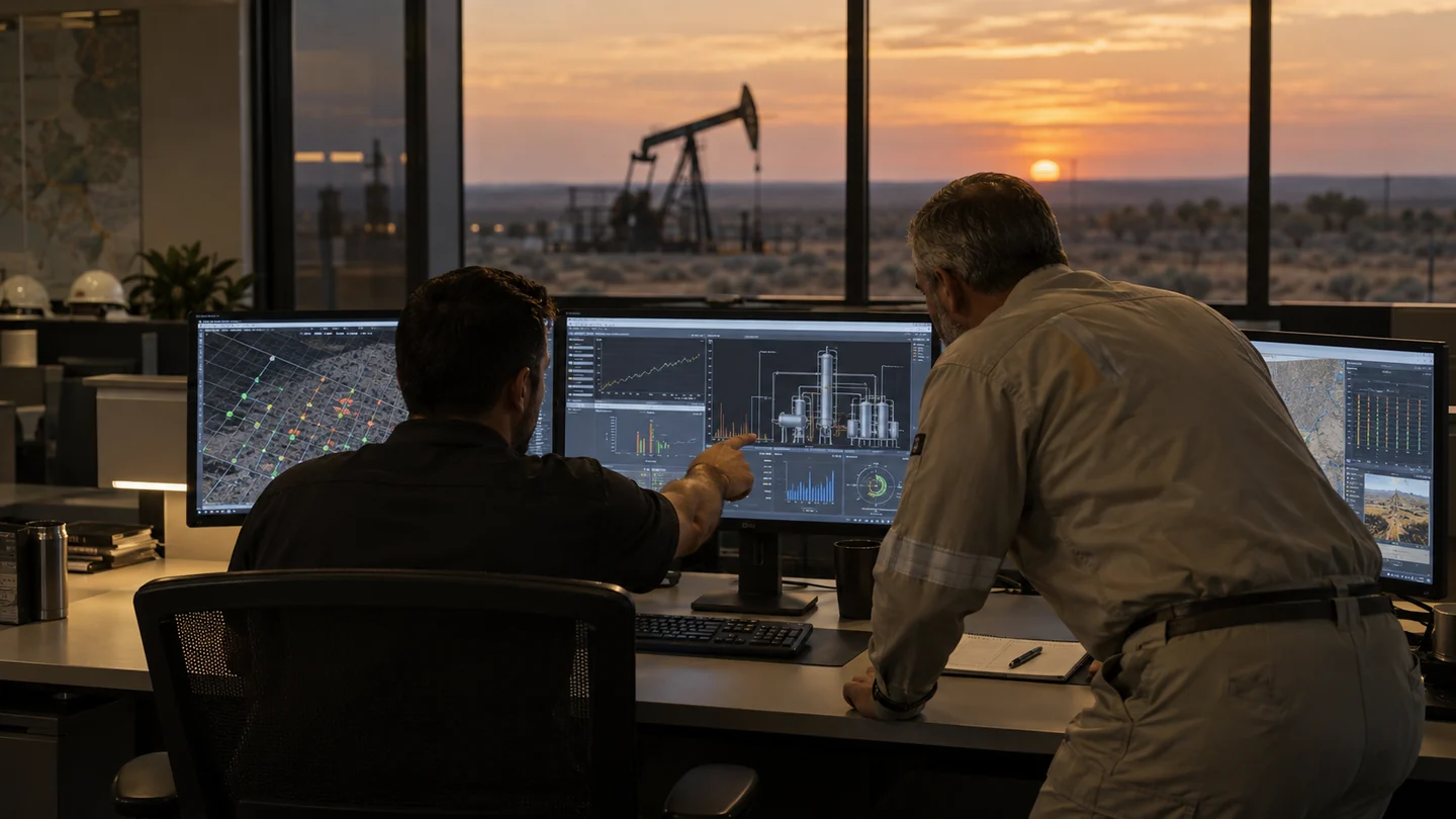 Illustrative oil and gas operations team reviewing data