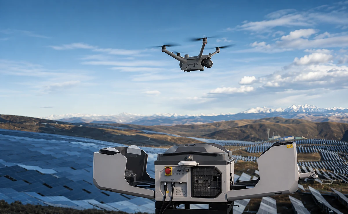 An open DJI Dock 3 with an inspection drone flying overhead