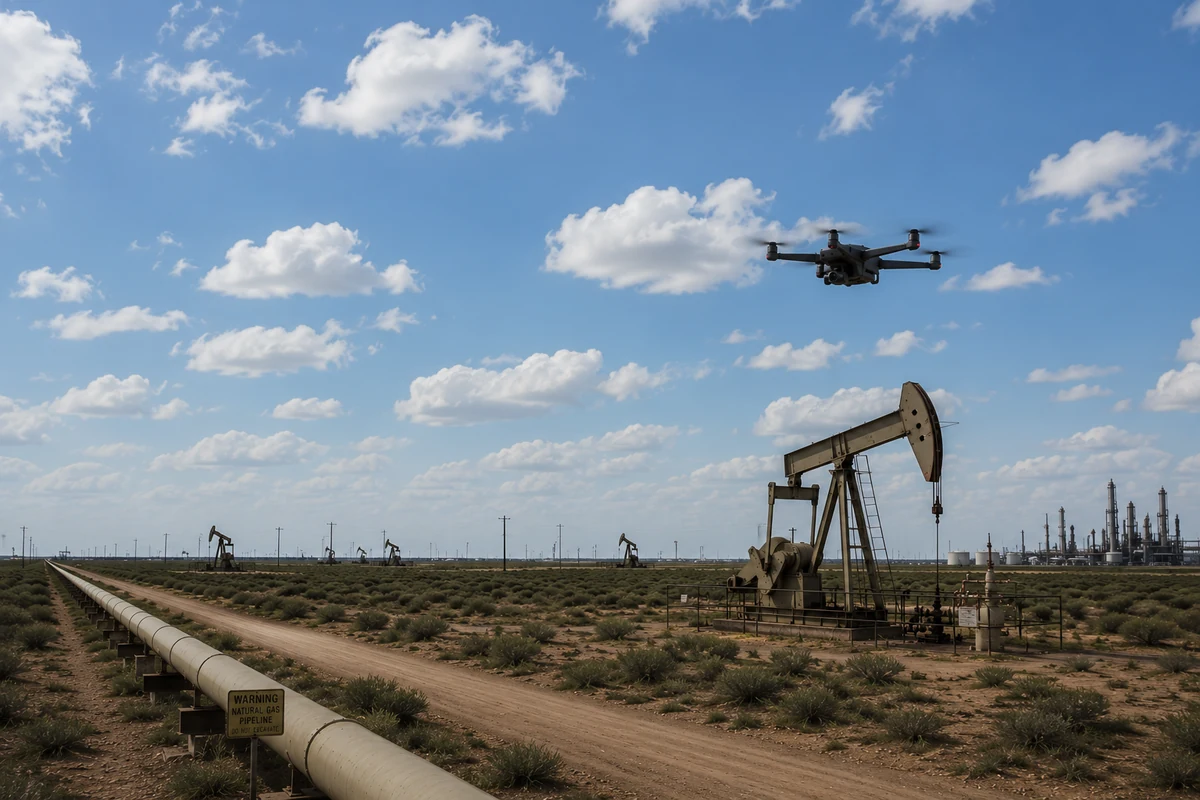 A drone above a pumpjack and a pipeline corridor across open terrain