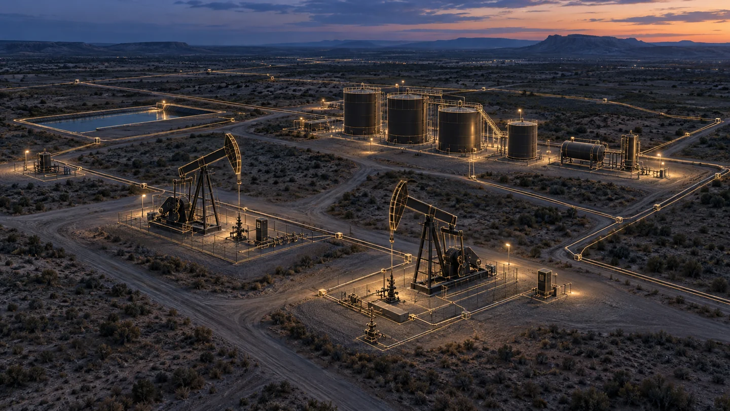 Illustrative three-dimensional oilfield model connecting pumping equipment, tanks and pipelines